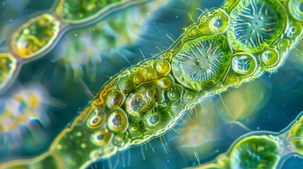 A microscopic view of a protist known as Euglena containing chloroplasts that make it capable of photosynthesis capturing energy from