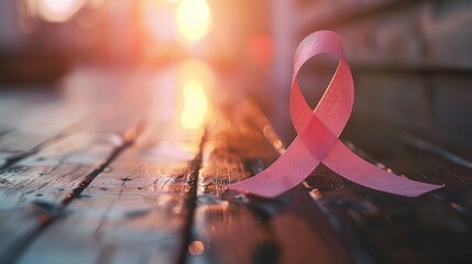Pink ribbon isolated on a creaky wooden floor.World Breast Cancer Day Concept. - obrazy, fototapety, plakaty