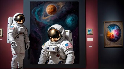Cosmic Reflections: Astronauts Observing Nebula Artwork in Gallery