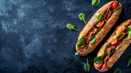Two sandwiches with meat, cheese, and spinach on a dark background