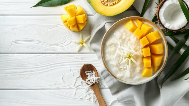 Put coconut milk on sticky rice with Ripe mango on white wood background, Thai dessert on summer season