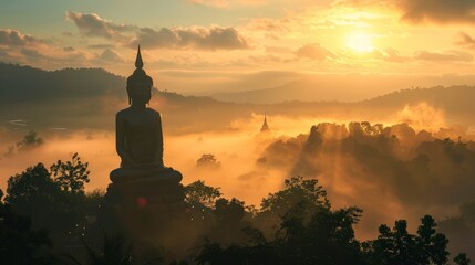 silhouette of big buddha in a standing position with the mist and sunlight morning - obrazy, fototapety, plakaty