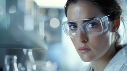The serious and focused expression of a scientist her furrowed brow hinting at the complexities of her job as she conducts research in her laboratory. .