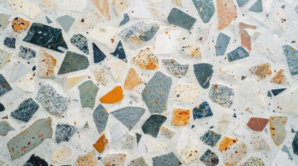 Terrazzo floor texture in top view new and clean condition for texture and background. Terrazzo flooring consists of chips of marble, glass and other material embedded in cement and then sanded