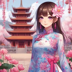 Fototapeta premium Vietnam Student with ao dai, Vietnam women with ao dai Vietnam, comic