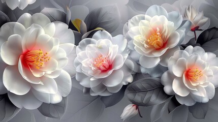 Illustration featuring beautiful white camellias on an elegant gray background