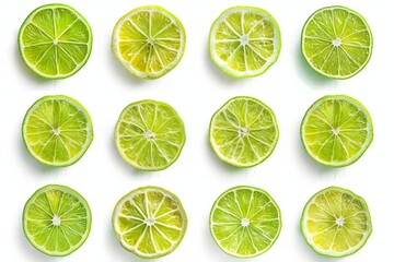 sliced limes arranged in a set fresh citrus fruits isolated on white background food photography