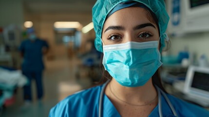 Fototapeta na wymiar Young female nurse at camera wearing surgical mask and scrubs