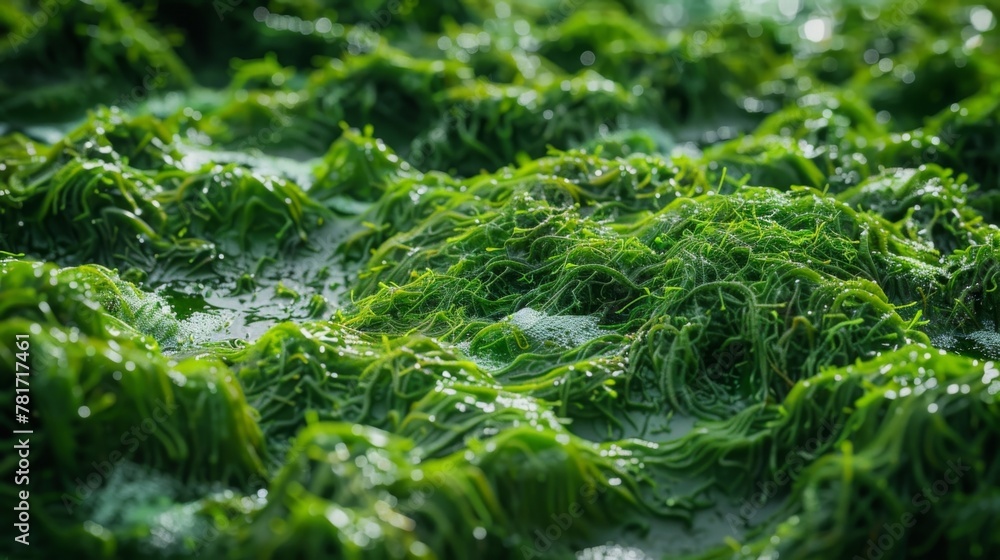 Poster a closeup view of a patch of water covered in a thick layer of bluegreen algae with its slimy textur