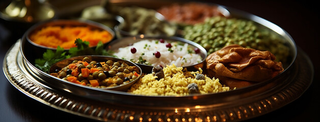 Wide flat lay photograph of delicious traditional Indian Thali dish on a restaurant table in dark background with curries and gravies around