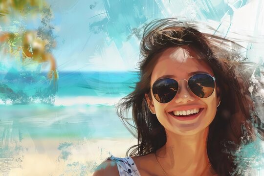 portrait of smiling young woman wearing sunglasses at beach summer vacation and happiness concept digital painting
