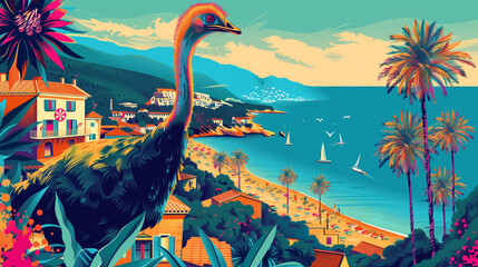 Ostrich Odyssey: Majestic Majorca Meets Artistic Innovation - obrazy, fototapety, plakaty