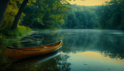 A orange canoe rests on the calm waters of a misty lake surrounded by lush green forest at dawn - Powered by Adobe