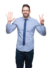 Young business man wearing glasses over isolated background showing and pointing up with fingers number seven while smiling confident and happy.