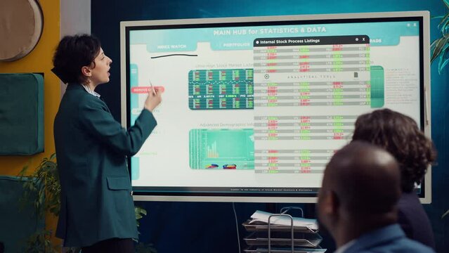 Team of business colleagues reviewing statistics and sales data on interactive board, working together on supply chain management strategies. Startup coworkers discuss industry changes. Camera A.