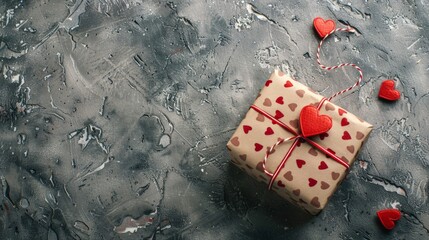 Naklejka premium A gift wrapped in brown paper with red heart patterns