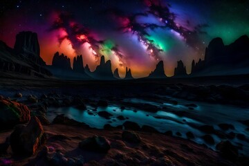 A Spectacular Exploration of an Alien Landscape Captured in High Definition. Behold a Fantastical Night Sky Adorned with Vivid Galaxies and Nebulae, Amidst Glowing Flora and Enigmatic Rock Formations,