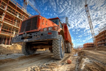 Fototapeta premium A dump truck is driving down a dirt road in front of construction site, Generative