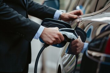 A businessman plugging in the charger in electric car, Generative AI