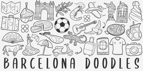 Barcelona Spain doodle icon set. Travel Vector illustration collection. Banner Hand drawn Line art style.