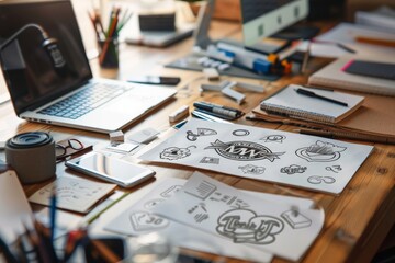 Designer desk, A desktop with sketches of logo ideas lying around, Generative AI