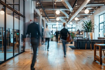 Business workplace with people in walking in blurred motion in modern office space, Generative AI