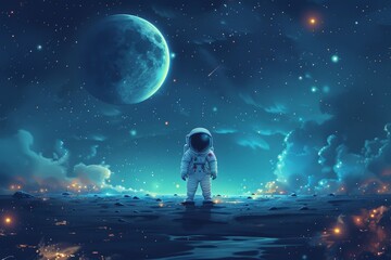 A cute astronaut standing on the moon with beautiful galaxy background, Generative AI