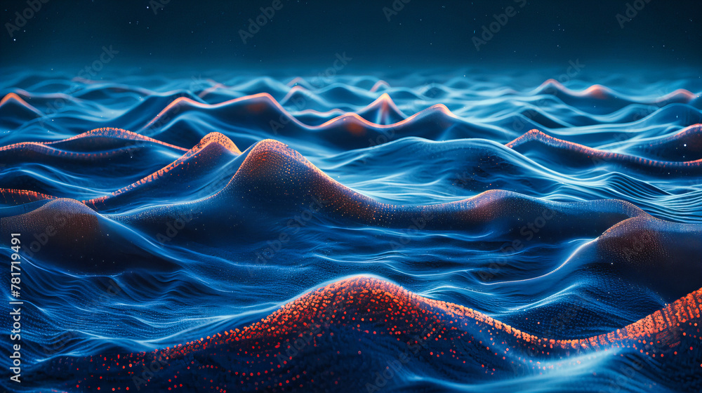 Poster abstract digital network in futuristic technology, blue wave and particle flow, modern science conce