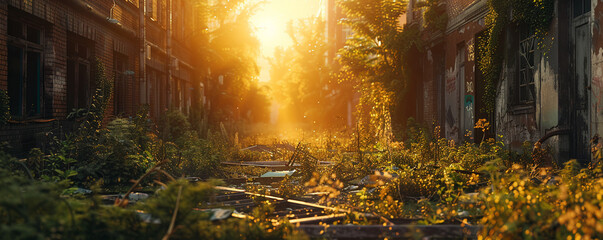Obraz na płótnie Canvas Nature reclaims urban landscape, overgrown buildings, lush greenery intertwined with concrete, wildlife roaming freely in abandoned streets 3D Render, Golden Hour, Silhouette Lighting