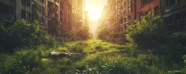 Nature reclaims urban landscape, overgrown buildings, lush greenery intertwined with concrete,...