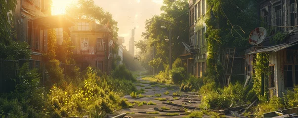 Fotobehang Nature reclaims urban landscape, overgrown buildings, lush greenery intertwined with concrete, wildlife roaming freely in abandoned streets 3D Render, Golden Hour, Silhouette Lighting © Nateetorn