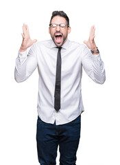 Fototapeta premium Young handsome business man wearing glasses over isolated background celebrating mad and crazy for success with arms raised and closed eyes screaming excited. Winner concept
