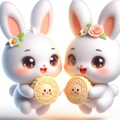 couple moon rabbit holding mooncakes, flying, Mid-autumn festival, loving, white background
