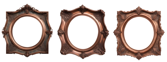 Conjunto de Molduras de cobre envelhecido em formato redondo. Molduras de espelhos de cobre vintage, porta retrato isolado em fundo transparente