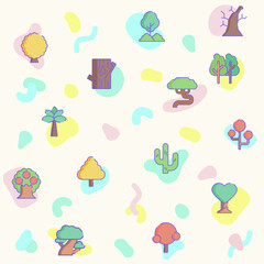 Vector illustration of a cute trees and plant. Collection of nature, park, green, forest, wood, landscape, pine tree, tropical and other elements. Isolated on beige.