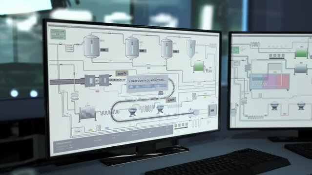 Machinery Monitors Observe Manufacturing Line With Milk On Conveyors. Machinery Software Check Temperature Of Milk. Dairy Manufacturing Plant. Automated Machine. Program Controlled Milk Manufacturing