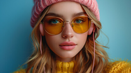 Fototapeta premium Fashion pretty sweet carefree woman listening music in headphones with smartphone wearing a colorful pink hat yellow sweater sunglasses over blue background.