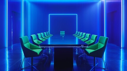 In the center of the room a sleek and modern dining table is surrounded by chairs in shades of neon green and blue. The walls are painted in a deep midnight blue providing the perfect . - obrazy, fototapety, plakaty