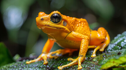 A close-up of a vivid orange frog with glistening eyes, perched on a dew-covered leaf.