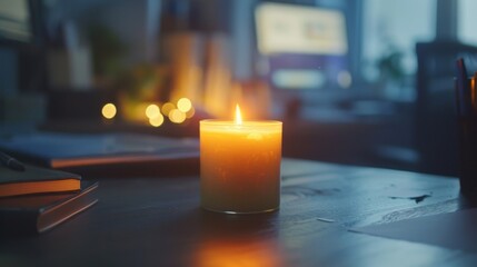 A glowing candle sits on a desk its light casting a calming and optimistic glow in a dark and cluttered office. This candle represents the hope and guidance that social workers bring .