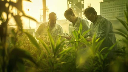 A group of scientists and engineers huddle together working on the development of a new more efficient biofuel technology. In the background government buildings can be seen symbolizing .