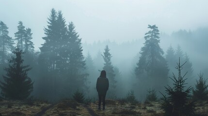 Amidst the hush of the forest a person stands facing away from the camera form a stark contrast against the soft misty atmosphere. . .