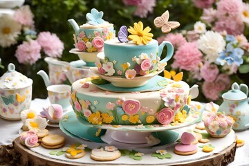 Journey to a Charming Garden Tea Party with a Teacup-inspired Cake Adorned with Edible Flowers, Butterflies, and Playful Sugar Cookies. Every Enchanting Detail Immortalized in High-Definition Splendor