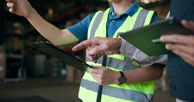 Logistics, warehouse and hands of people with tablet for inventory, online planning and inspection for distribution. Digital app, report and team in factory for quality control, checklist and export