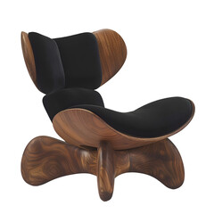 Walnut Lounge Chair with Black Cushion and Unique Legs, Transparent background, PNG Cutout