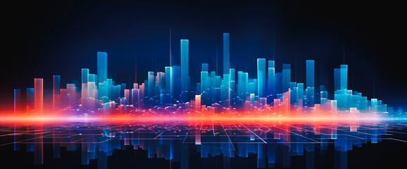 Fototapeta na wymiar Futuristic city with various neon colors, urban futuristic background and blue and orange color. Futuristic technology in civil engineering
