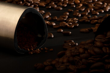 coffee, cup, bean, brown, caffeine, beans, drink, cafe, espresso, roasted, aroma, coffee beans, white, breakfast, food, black, beverage, morning, mug, coffee cup, closeup, dark, fresh, heap, macro