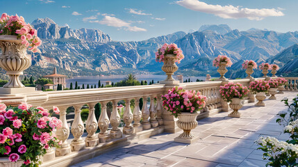 Alpine Beauty with Blooming Flowers, Picturesque Landscape, Nature and Architecture Harmony