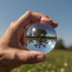 a transparent ball in the hand, a tree in the ball