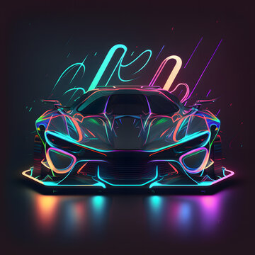 Vintage car racing with fiery neon background ,An abstract neon design,Cyberpunk art, generative ai.